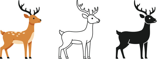 Three stylized deer illustrations showing different artistic styles including realistic color outline and silhouette