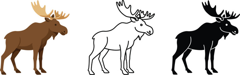 Three distinct styles of moose illustrations showing a brown colored outline and silhouette version