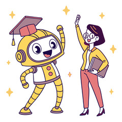 Happy robot with graduation cap gives high five to woman with books isolated on transparent background
