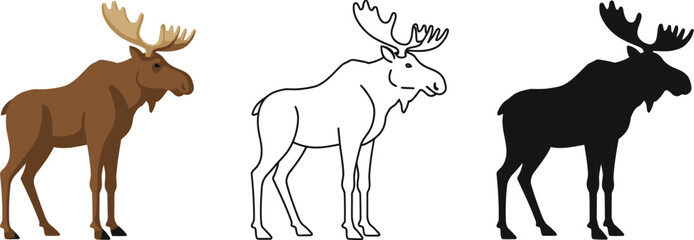 Three distinct representations of a majestic moose including a realistic illustration a detailed line drawing and a bold silhouette © Art By Salea