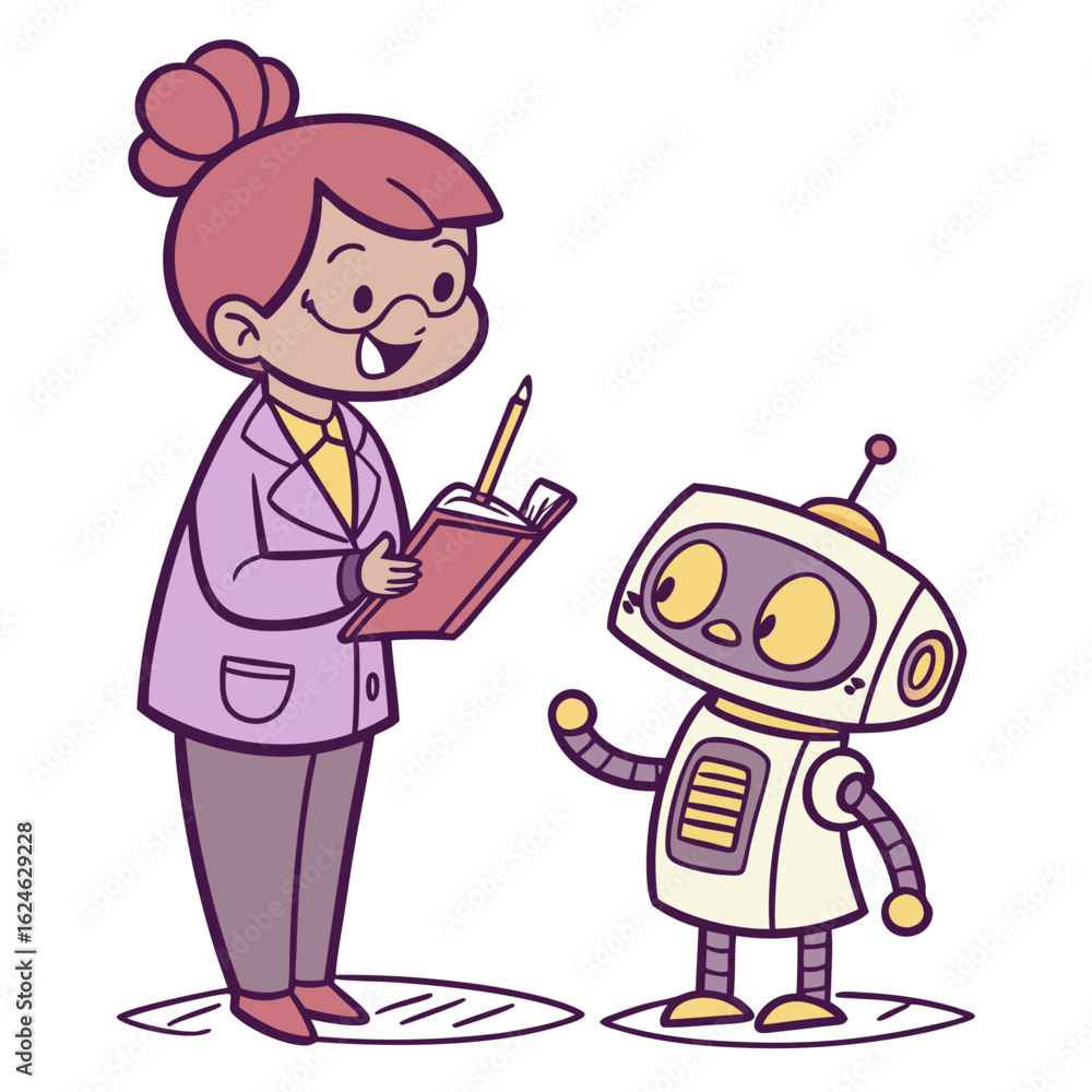Poster woman with glasses and robot with notebook isolated on transparent background
