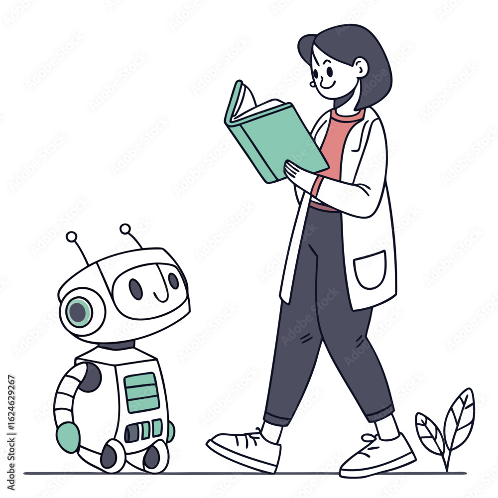 Poster scientist reading book next to cute robot isolated on transparent background