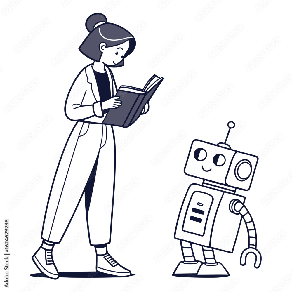 Poster woman reading a book with a friendly robot isolated on transparent background