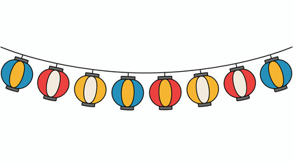 Festive string of colorful lanterns for party decorations, creating a celebratory atmosphere with vibrant shades of red, blue, and yellow