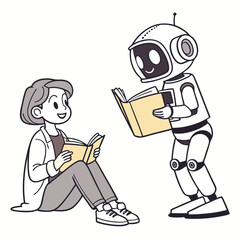 Woman and robot reading books together isolated on transparent background