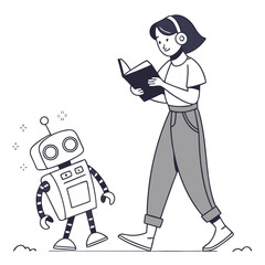 Young woman with headphones reading a book walks with a friendly robot isolated on transparent background