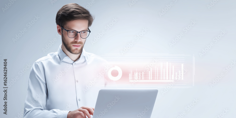 Aufkleber young man in glasses working on laptop, analyzing data with digital graphs and charts displayed, sho