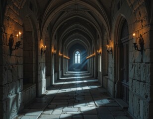 Fototapeta premium Sunlight streams through arched windows down a long, atmospheric castle corridor.
