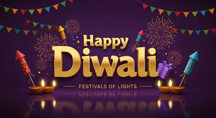 Happy diwali festival of lights celebration with golden text, fireworks, diyas, and gifts on a purple background with colorful bunting flags