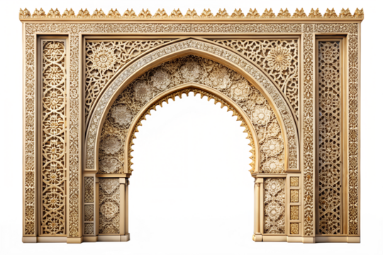 Intricate islamic archway with detailed carvings and geometric patterns isolated on transparent background, showcasing traditional arabic design elements