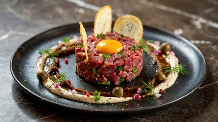 Steak tartare appetizer with raw beef, quail egg yolk and capers on dark plate with gourmet presentation and fresh dill