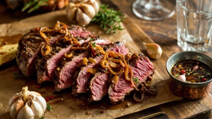 Steak shallot sauce glazed medium-rare beef strips on wooden cutting board with fresh garlic, herbs, copper bowl, gourmet culinary presentation, restaurant quality dish