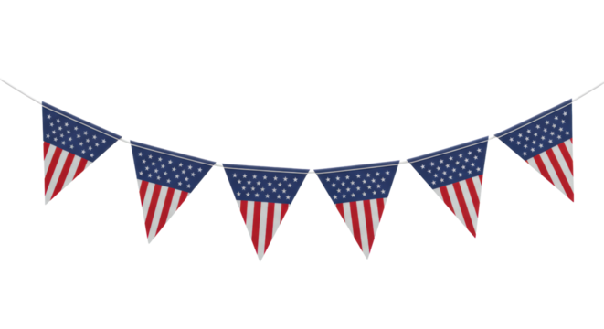 Pristine american flag bunting banners with bold red and white stripes, blue fields, and white stars, textured fabric, strung on white cord, hanging still against a seamless transparent studio