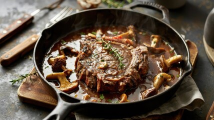 Steak mushroom gravy in cast iron skillet with seared beef and wild mushrooms in rich brown sauce