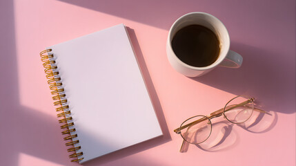 Minimalist workspace with a notebook and coffee cup, arranged neatly from a top-down view.