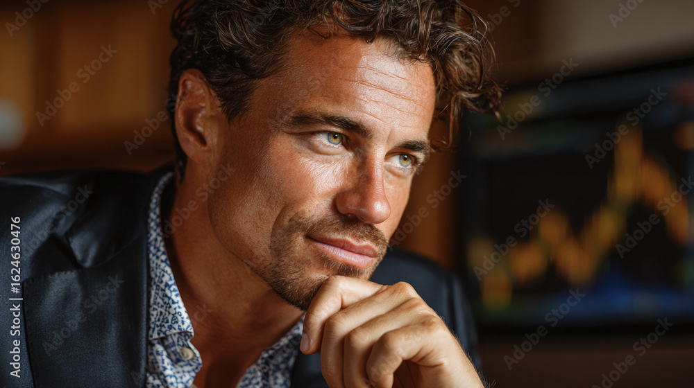 Poster professional trader analyzing market trends with focus and determination, showcasing thoughtful expr