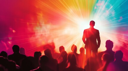 51.A dynamic image showing a leader addressing a diverse group of people, with light beams symbolizing inspiration and creativity radiating from the speaker.