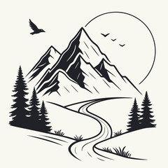Mountain Landscape with Sun and Flying Birds – Nature Adventure Illustration
