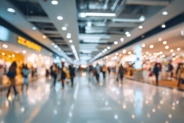 Blurred view of a busy shopping mall interior
