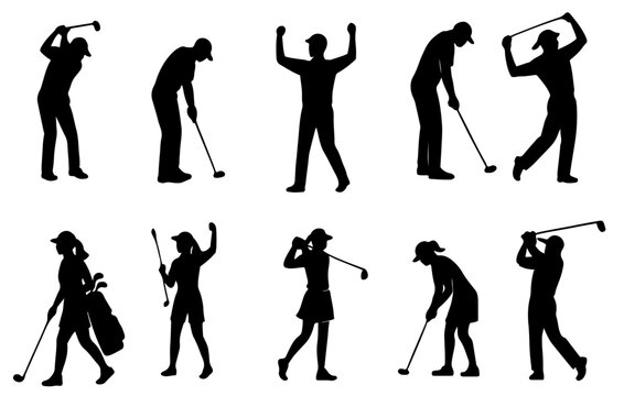 Golf Swing Silhouette Set Featuring Dynamic Man and Woman Players Outline in Action Poses - Powered by Adobe