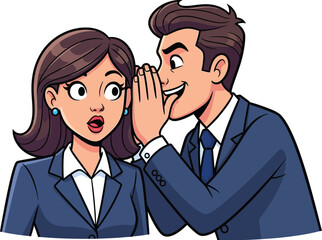 Man whispering secret to surprised woman in business attire