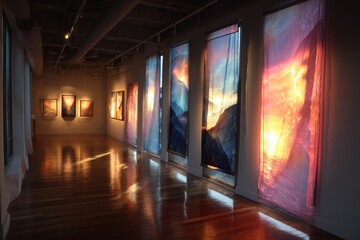 Art exhibition showcasing large fabric displays and framed paintings illuminated by natural light in a contemporary gallery space