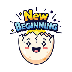 Cheerful cracked egg cartoon with smiling face symbolizing new