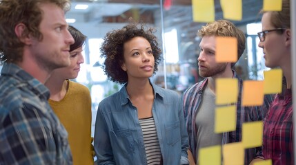 office workers engaging in problem solving during brainstorming session front view