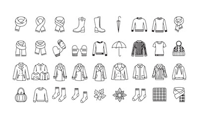 Fall clothing bundle – outline icons for cozy wear, jackets, mittens, socks