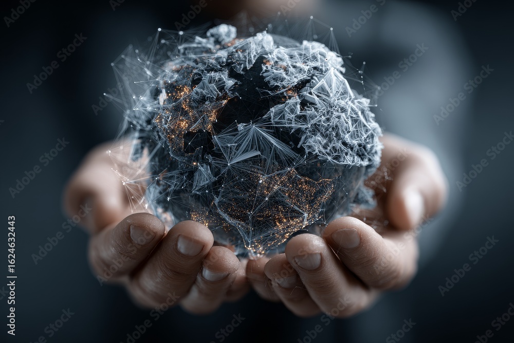 Poster hands hold a digital globe representing technology, connection, and innovation in a modern context