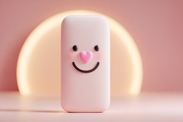 Cute smiley face phone case against a soft pink background in a cozy indoor setting