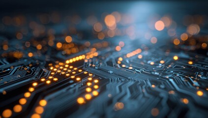 Abstract circuit board with glowing orange elements