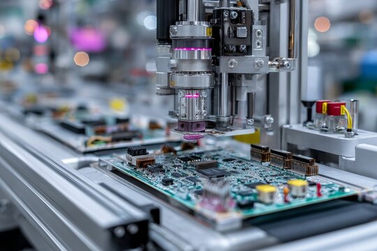 Microchip assembly process in a modern electronics manufacturing facility in the afternoon