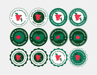 A collection of Made in Bangladesh product labels in various shapes and styles. Ideal for manufacturing, packaging, branding, export, and business use