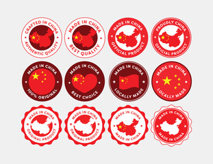 A versatile set of Made in China labels with different shapes and styles, perfect for product packaging, branding, export, and industrial design projects