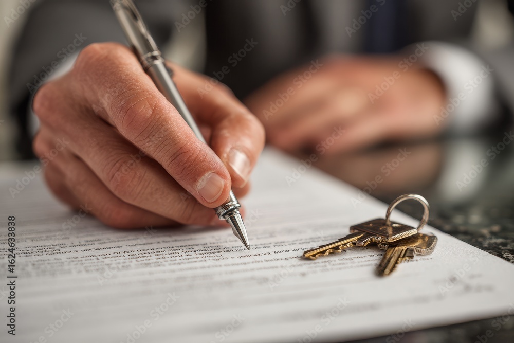 Poster signing a contract with keys on the table in an office setting during afternoon hours