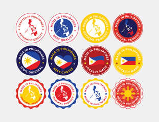 A complete collection of Made in Philippines labels in multiple shapes and styles. Ideal for product packaging, branding, manufacturing, and export visuals