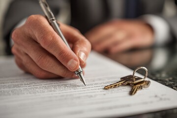 Signing a contract with keys on the table in an office setting during afternoon hours
