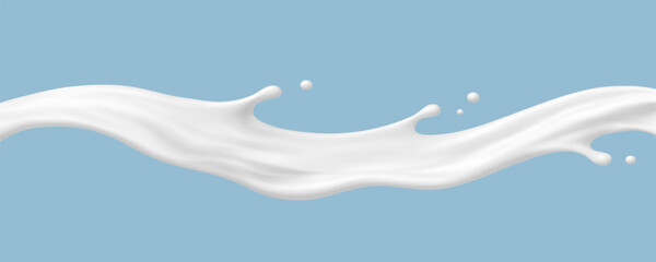 Realistic milk splash wave on blue background. Dairy liquid stream. Vector illustration