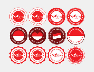 A professional collection of Made in Indonesia labels in various shapes and styles. Ideal for product packaging, export tags, branding, and manufacturing use