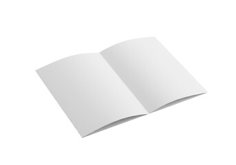 Pristine blank white folded paper, open booklet style, uncreased, fine texture, sharp edges, isolated on transparent background with soft shadow, overhead studio shot. Concept for blank design