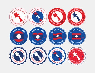 A collection of Made in Laos labels in various shapes and styles. Ideal for packaging, branding, export, manufacturing, and product origin design projects