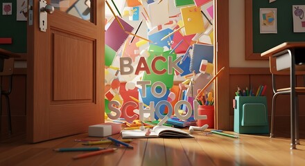 Enthusiastic Back to School Classroom Scene with Open Door and Floating School Supplies Greeting Students for a New Academic Year