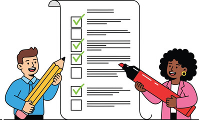 Two people checking items on a large checklist
