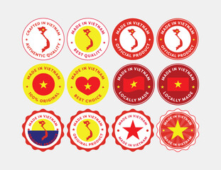 A versatile set of Made in Vietnam labels in various shapes and styles. Perfect for product tags, packaging, branding, and international trade visuals.