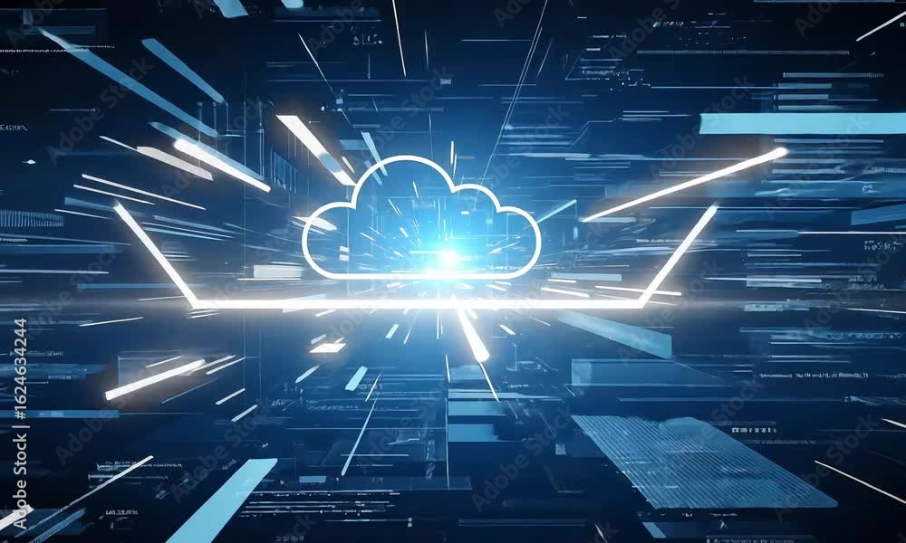 Poster a futuristic cloud computing illustration with glowing lines and geometric shapes on a blue backgrou