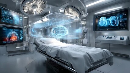Futuristic Operating Room: A state-of-the-art operating room, bathed in ethereal blue light, showcases advanced medical technology including intricate brain scans displayed on multiple screens. - Powered by Adobe