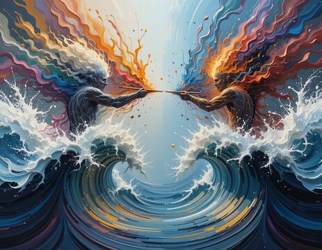 Spirits of water and fire connect in a vibrant, energetic exchange above crashing waves.