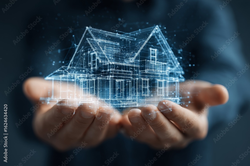 Poster digital model of a house held in hands illustrating modern architecture and technology concepts