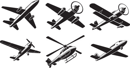 Airplane Aircraft Helicopter Silhouette Set Aviation Transport Vehicle Vector Illustration